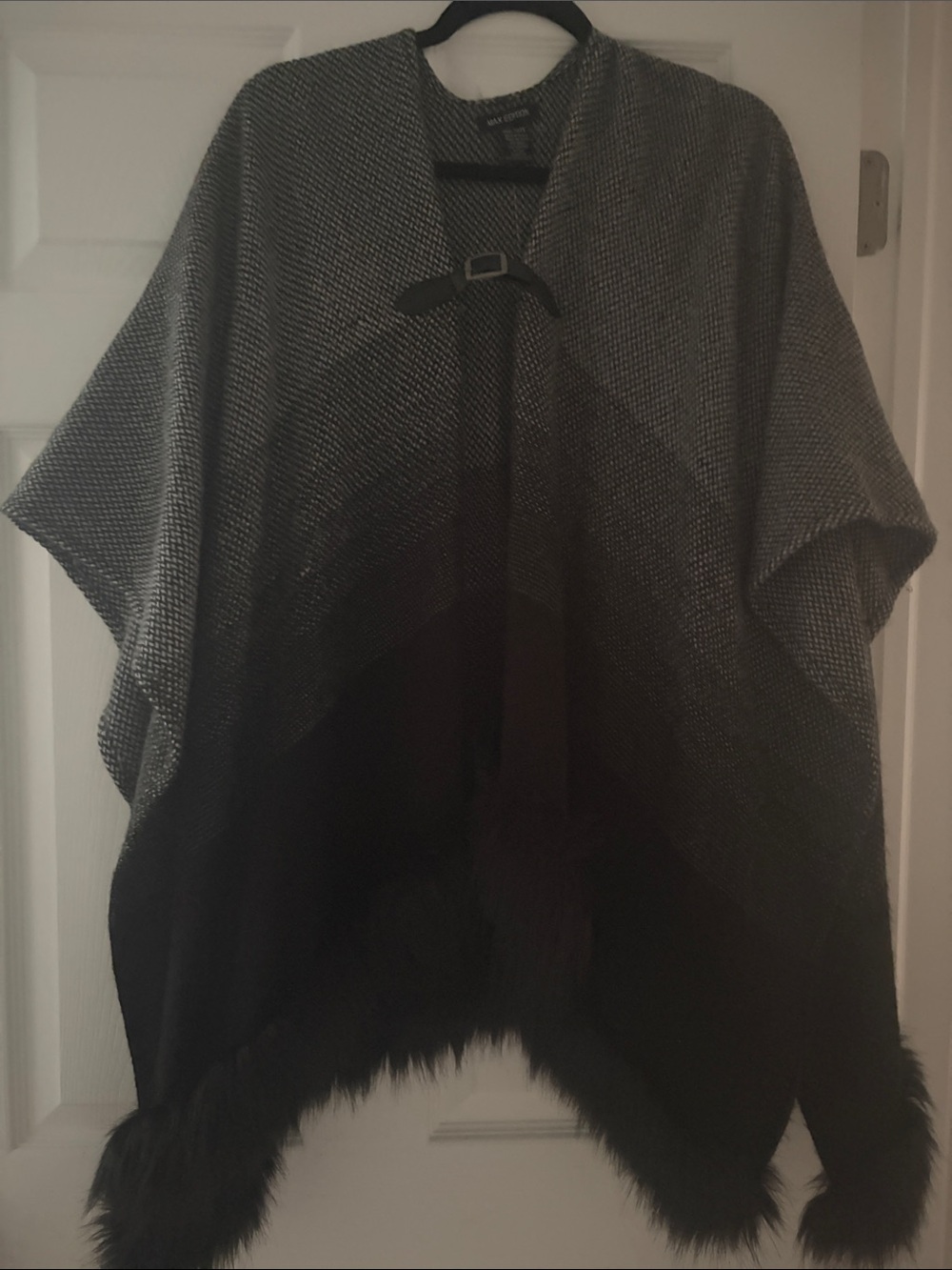 Max Edition Gray and Black Knit Cape with Faux Fur Trim